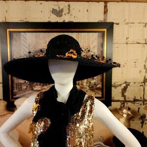 Vintage Frank Olive Black Wide Brim Floral Embellished Derby Hat